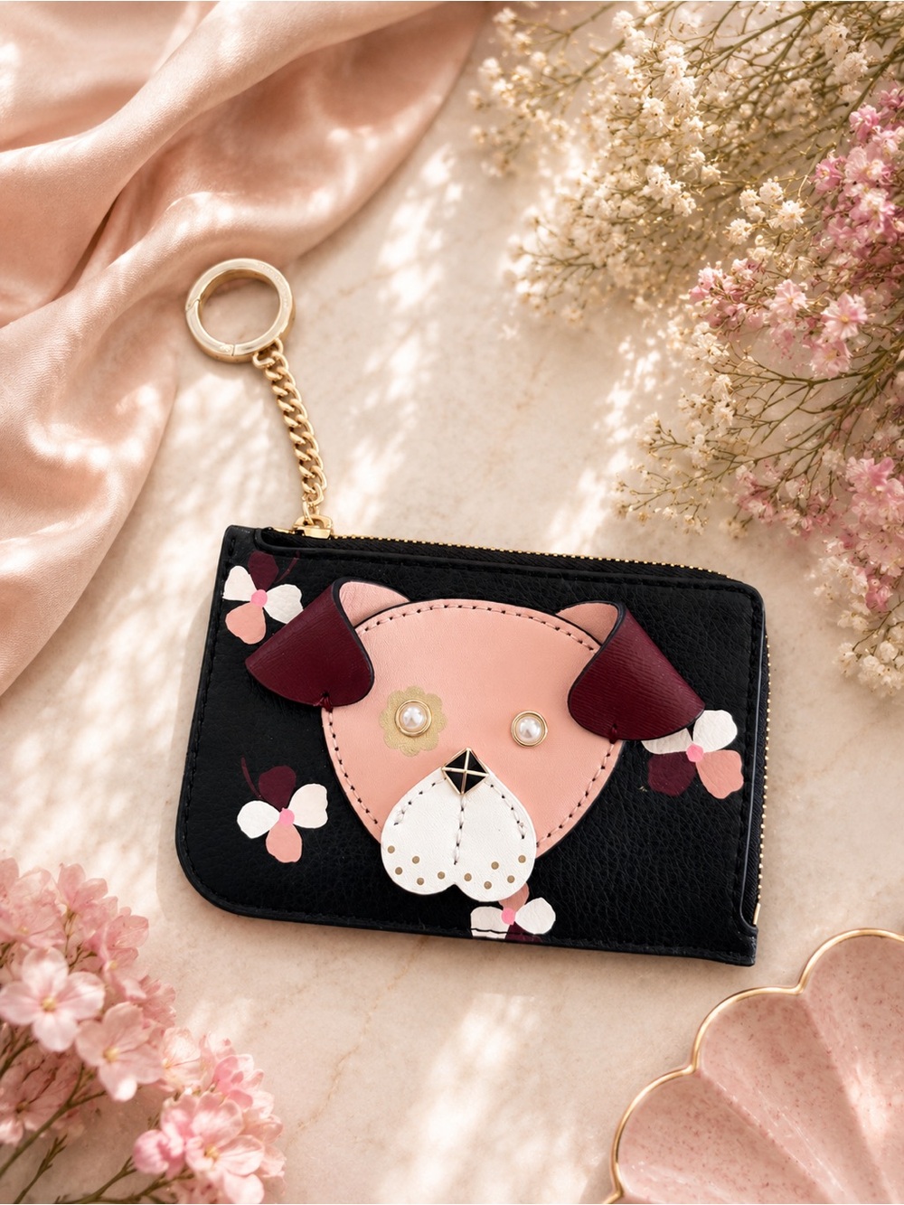 Kate Spade Floral Pup Cardholder Wallet Puppy Flowers Mauve NEW